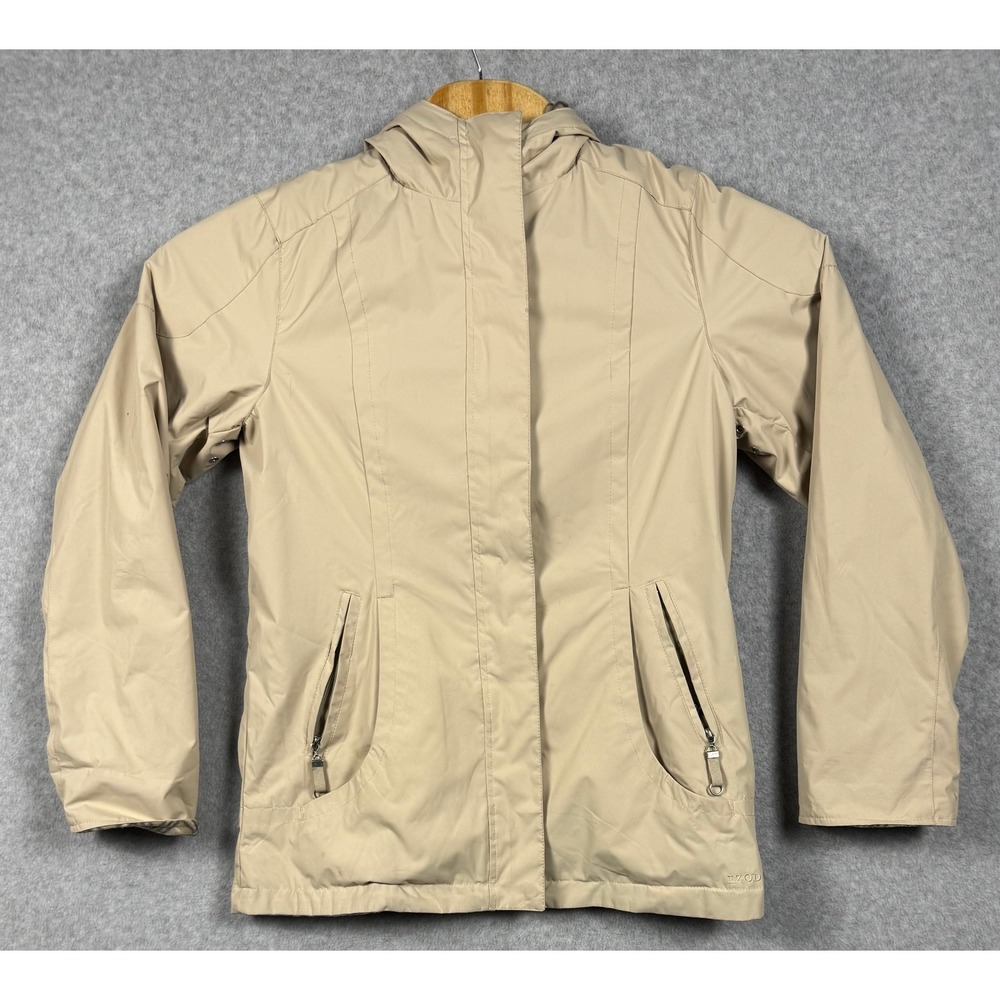 IZOD Hooded Jacket Ladies Small Tan Plaid Fleece Lined Full Zip Outdoor Coat